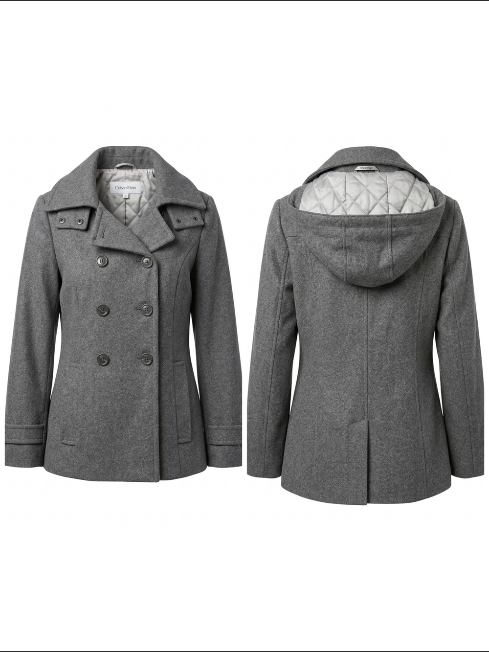 Calvin Klein Grey Wool Women Pea Coat Doble Breast Hooded Sz 8 Winter Fall Cozy